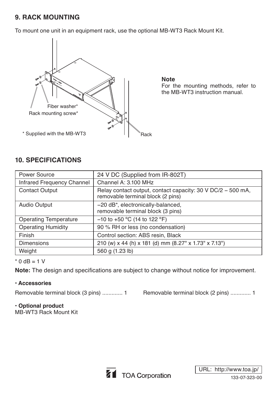 Rack mounting, Specifications, Accessories | Optional product | Toa IR-801AF User Manual | Page 8 / 8