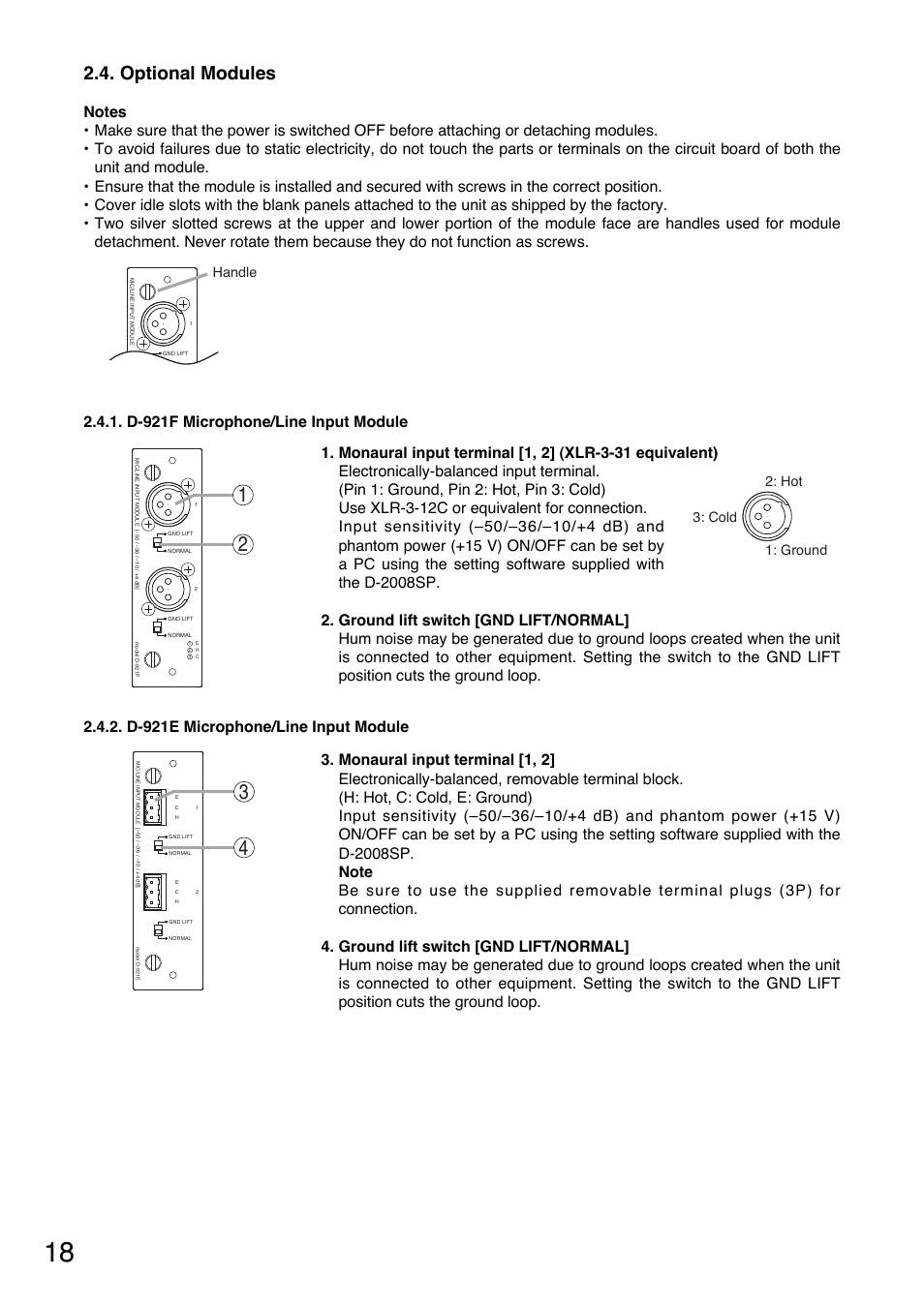Optional modules, Hot 1: ground 3: cold, Handle | Toa D-2000 Series Installation User Manual | Page 18 / 84