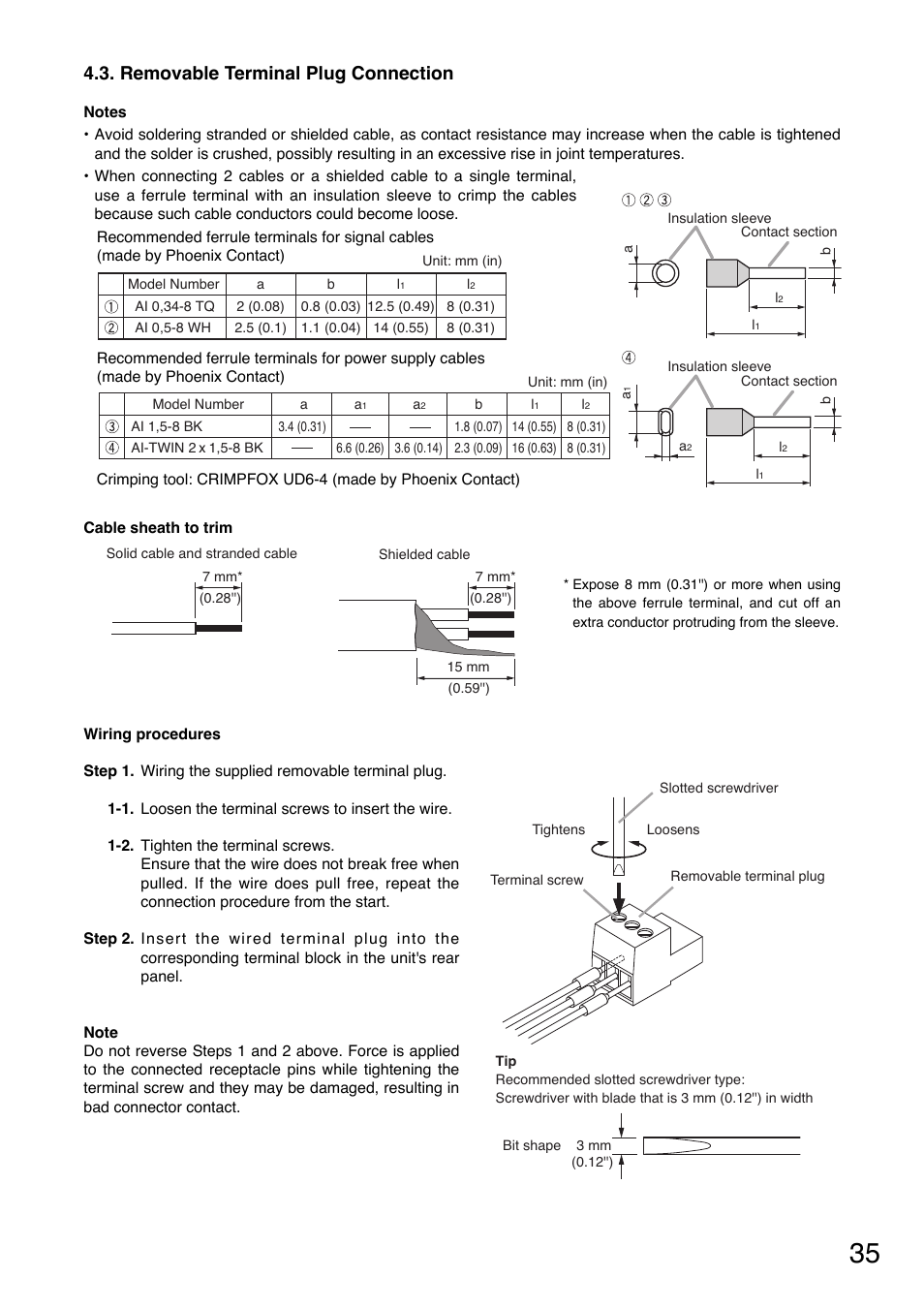 Removable terminal plug connection | Toa D-2000 Series Installation User Manual | Page 35 / 84