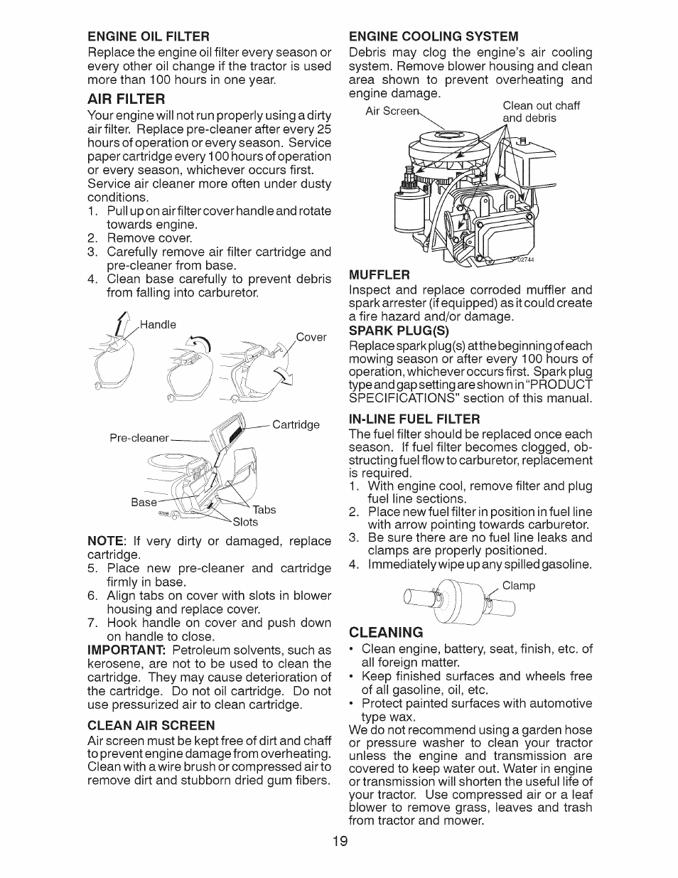 Engine oil filter, Air filter, Clean air screen | Engine cooling system, Muffler, Spark plug(s), In-line fuel filter, Cleaning | Craftsman 917.28922 User Manual | Page 19 / 64