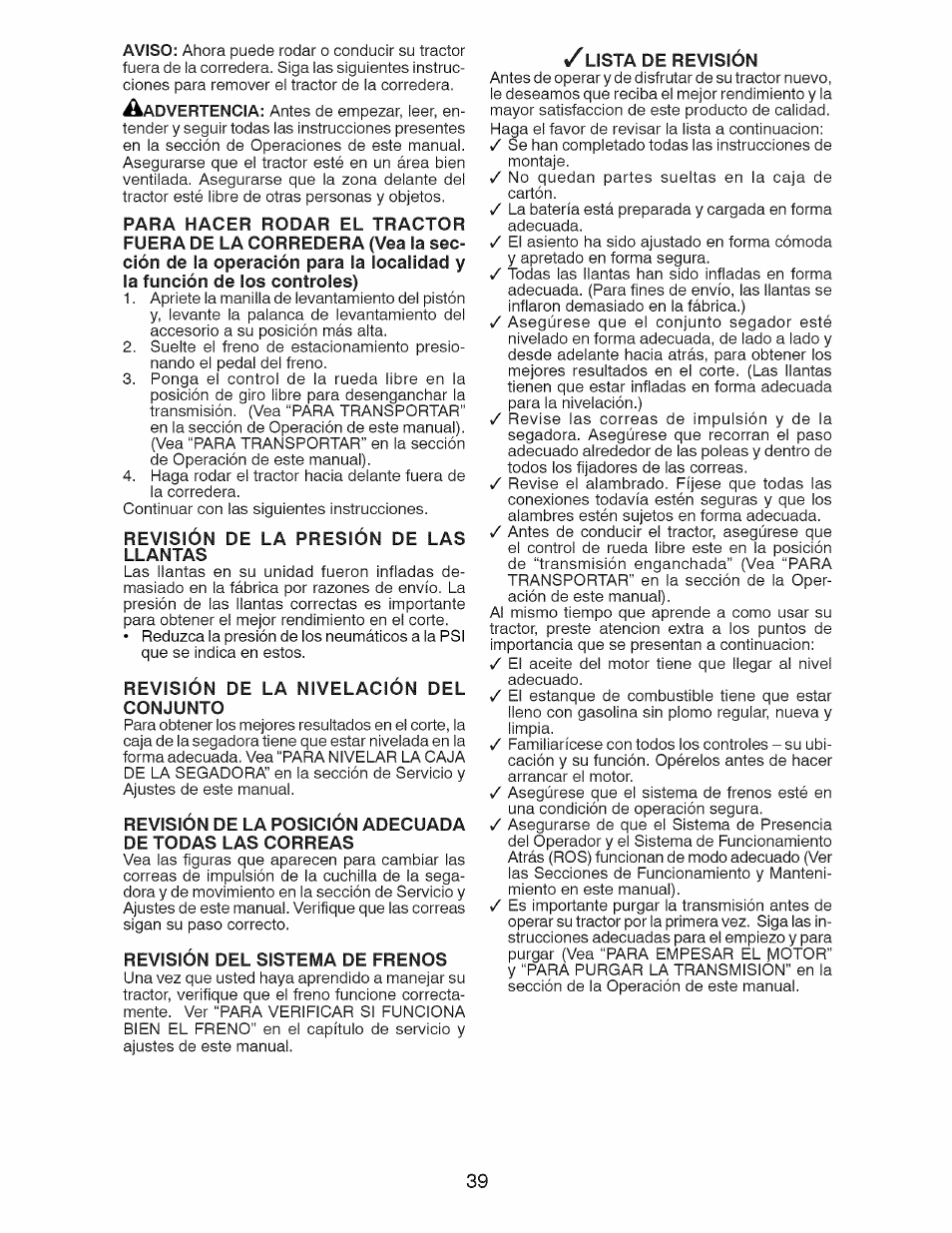Revisión de la presión de las llantas, Revisión de la nivelación del conjunto, Revisión del sistema de frenos | Lista de revisión | Craftsman 917.28922 User Manual | Page 39 / 64
