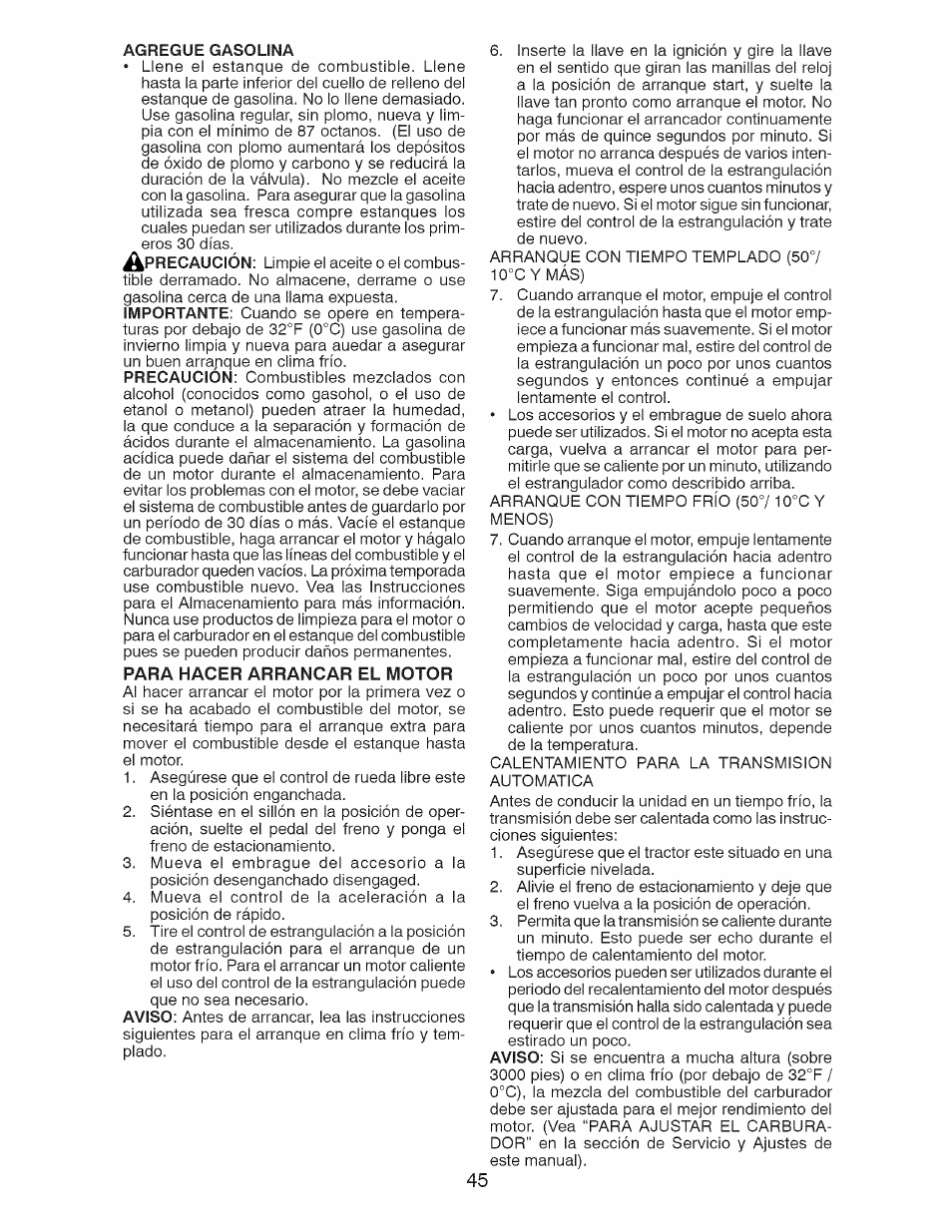 Para hacer arrancar el motor | Craftsman 917.28922 User Manual | Page 45 / 64