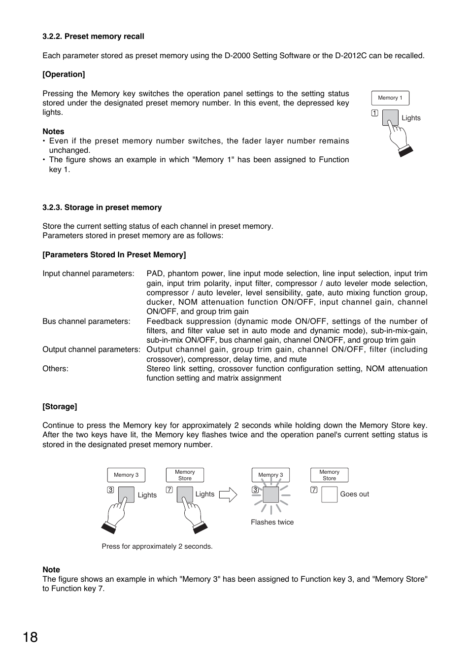 Preset memory recall, Storage in preset memory, P. 18 | Memory function. (refer to | Toa DD-2000 Series Manual User Manual | Page 18 / 24