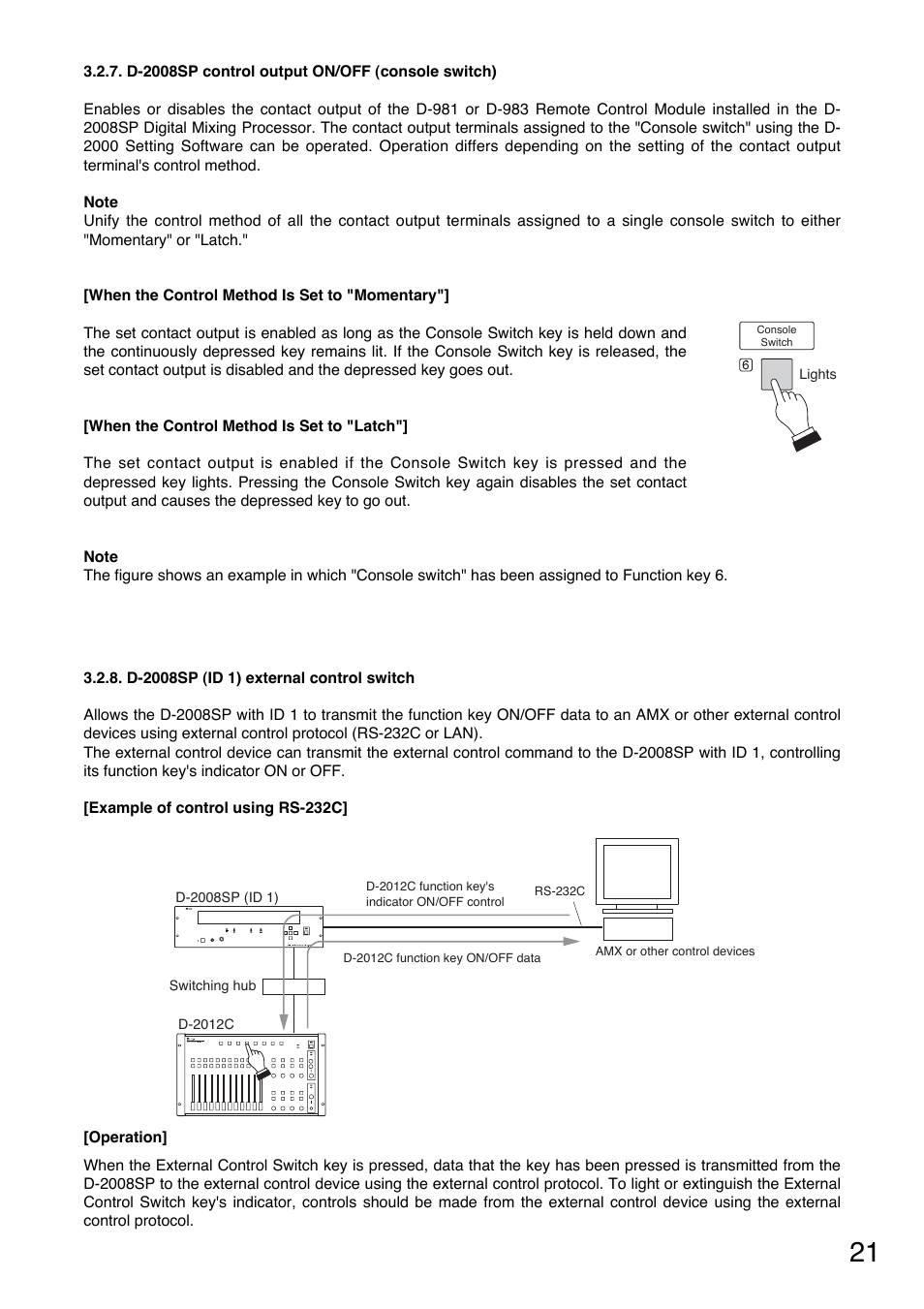D-2008sp control output on/off (console switch), D-2008sp (id 1) external control switch, P. 21 | Refer to | Toa DD-2000 Series Manual User Manual | Page 21 / 24