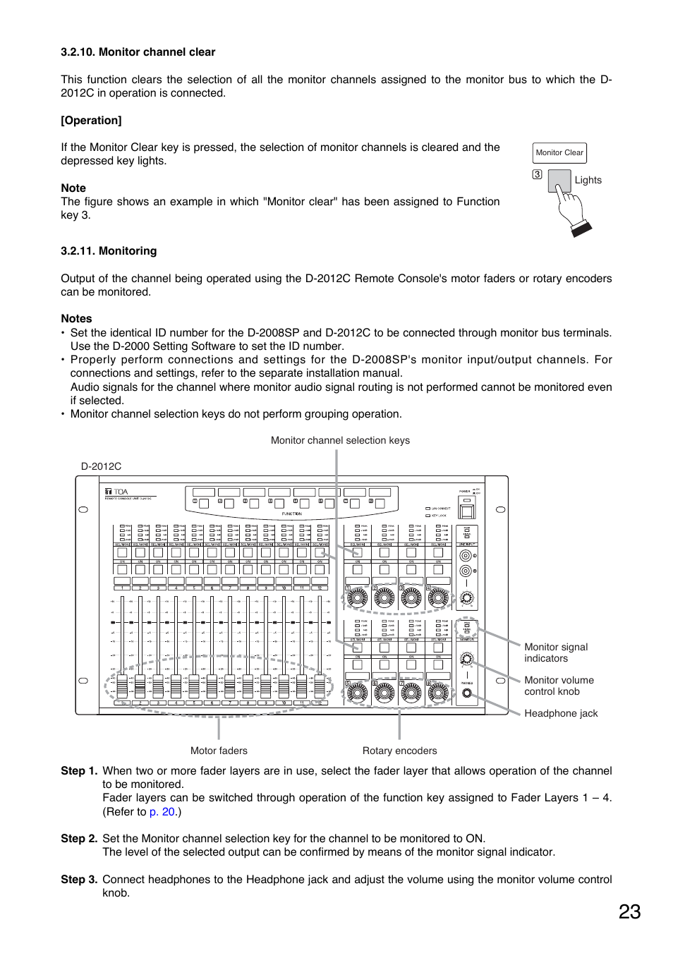Monitor channel clear, Monitoring, P. 23 | Toa DD-2000 Series Manual User Manual | Page 23 / 24