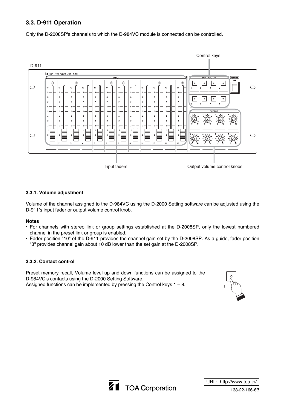 D-911 operation, Volume adjustment, Contact control | Toa DD-2000 Series Manual User Manual | Page 24 / 24