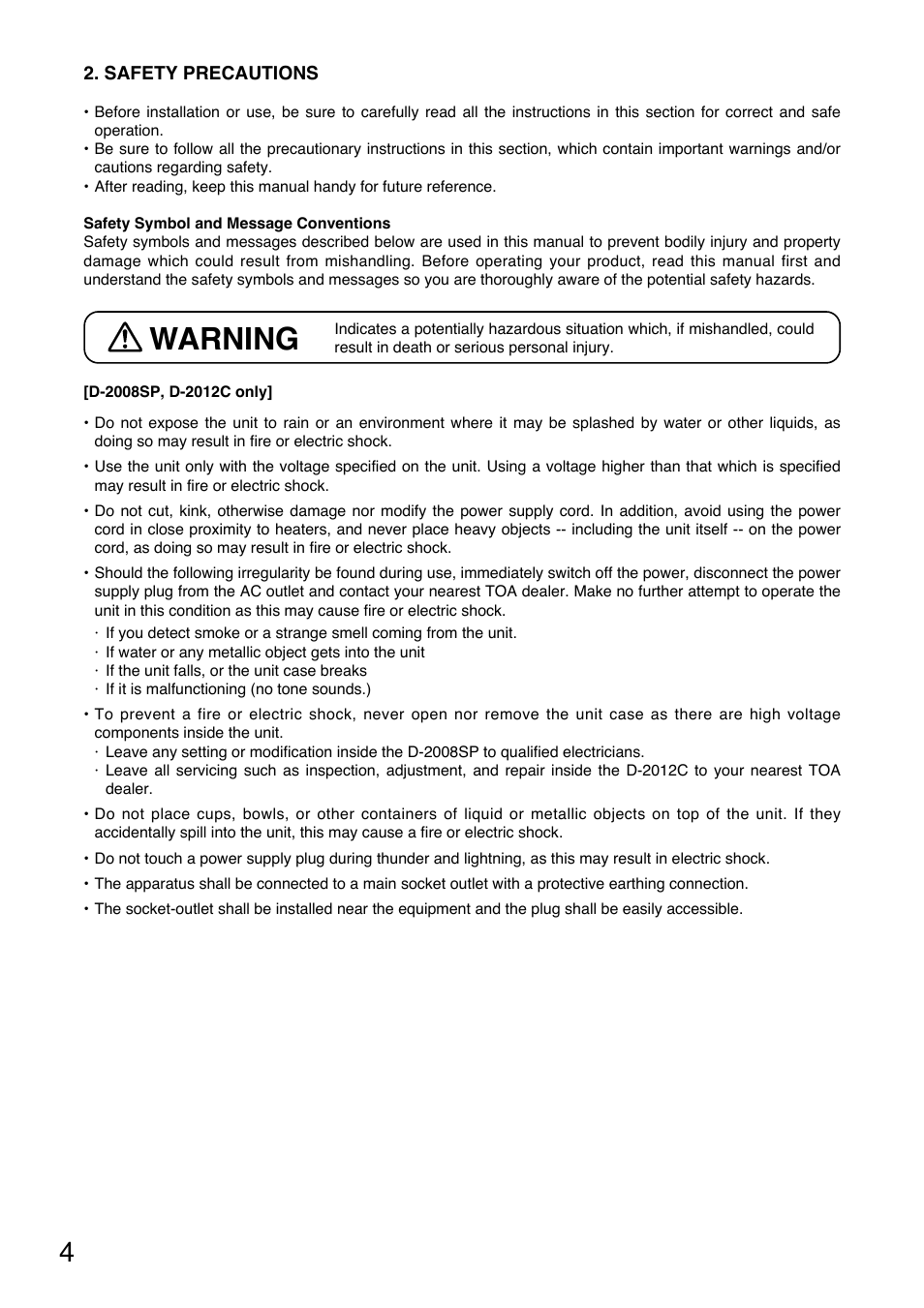 Warning | Toa D-2000 Series Read Me First User Manual | Page 4 / 12
