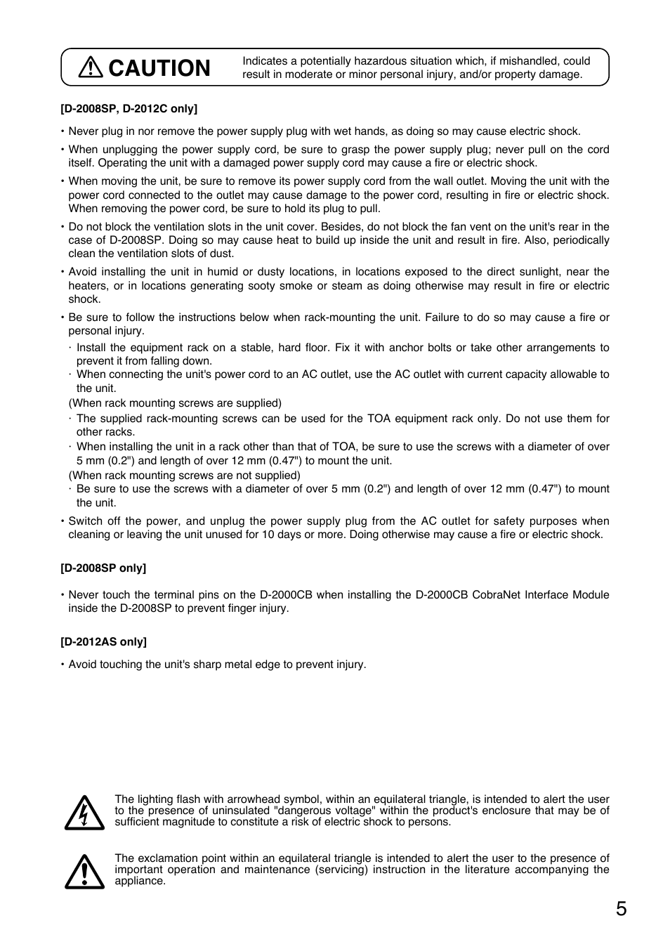 Caution | Toa D-2000 Series Read Me First User Manual | Page 5 / 12