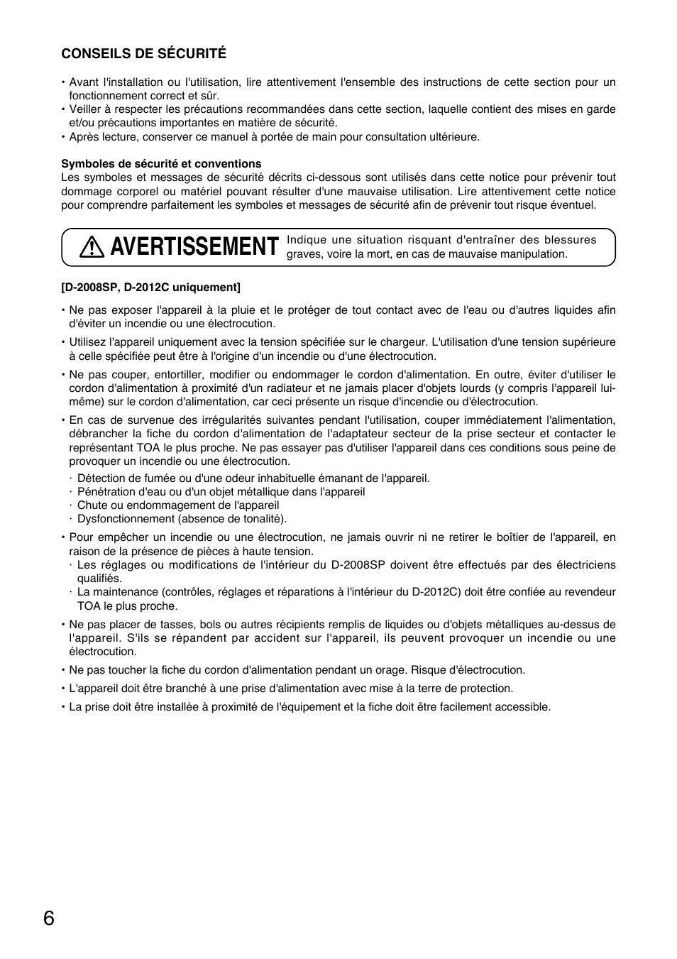 Avertissement | Toa D-2000 Series Read Me First User Manual | Page 6 / 12