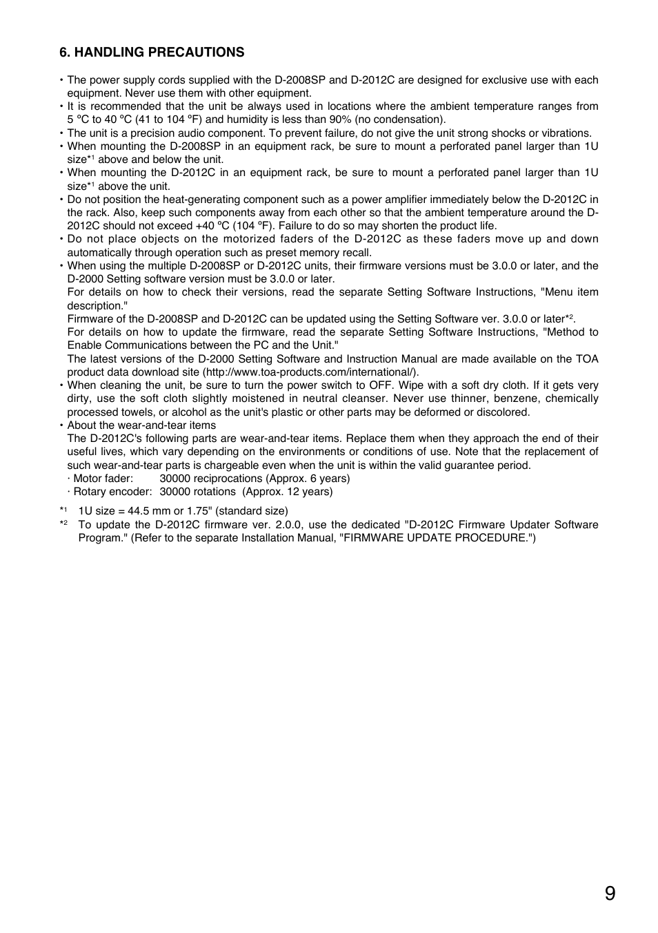 Handling precautions | Toa D-2000 Series Read Me First User Manual | Page 9 / 12