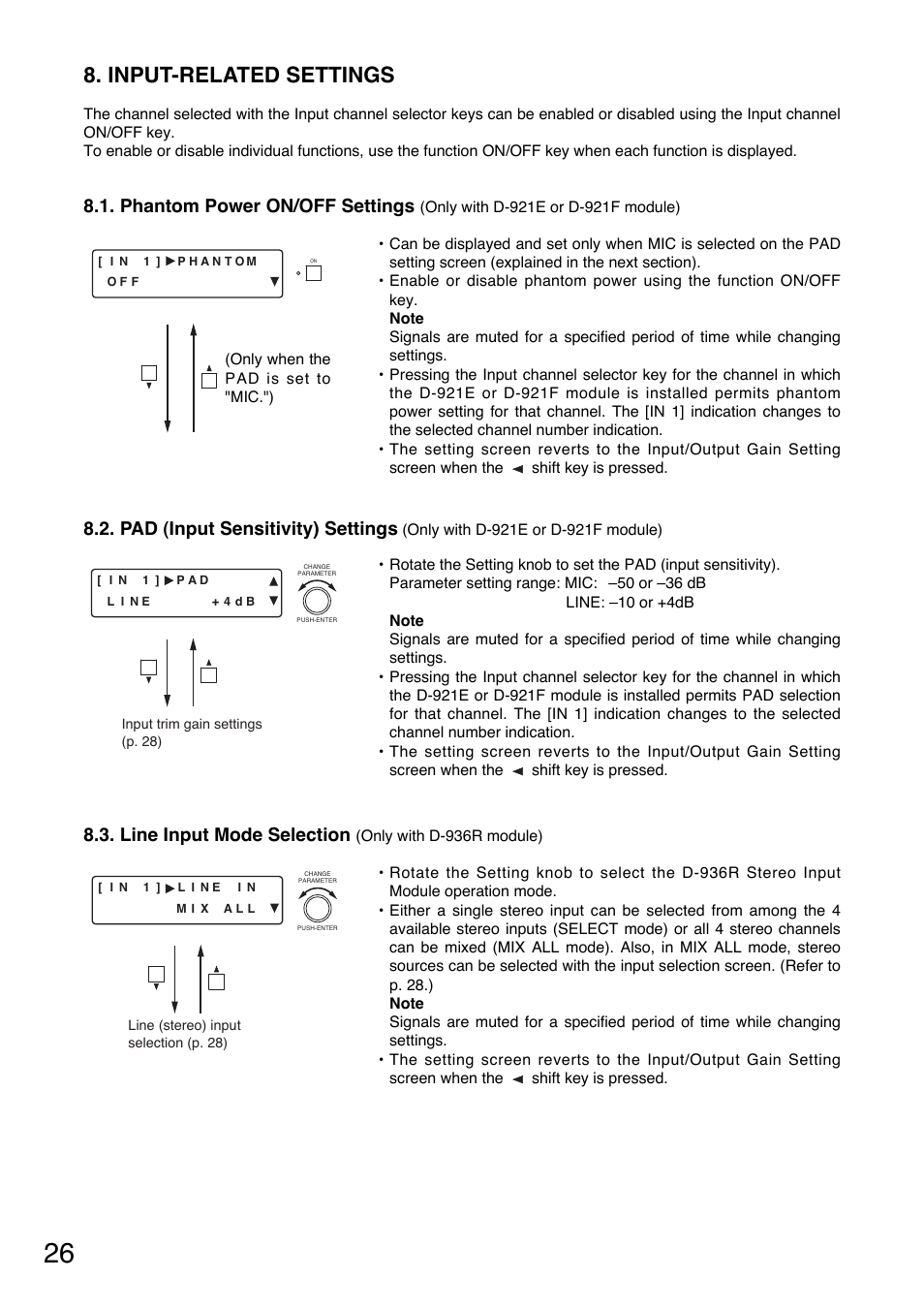 Input-related settings, Phantom power on/off settings, Pad (input sensitivity) settings | Line input mode selection | Toa D-901 User Manual | Page 26 / 96