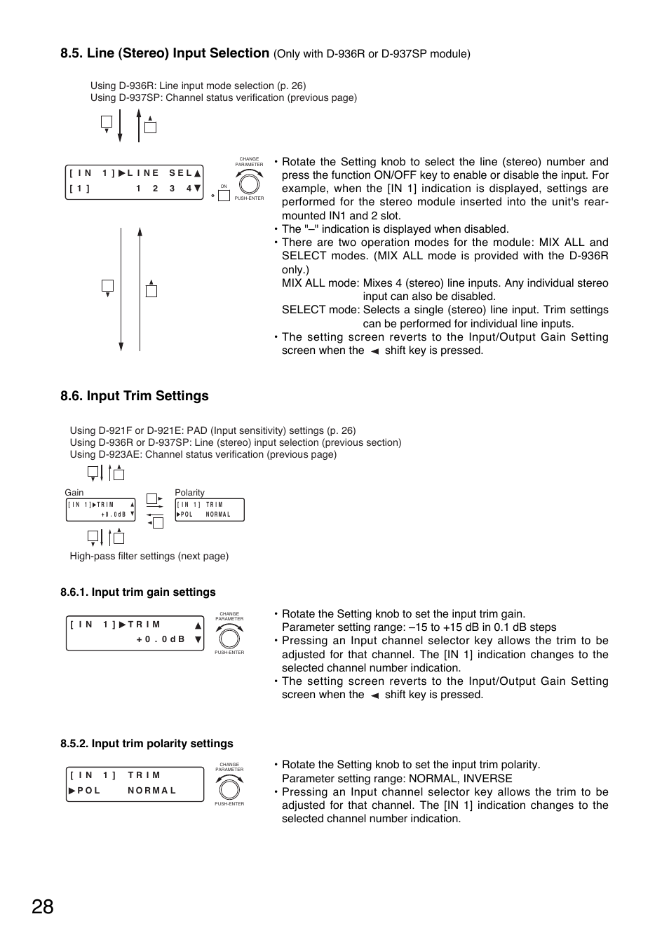 Line (stereo) input selection, Input trim settings | Toa D-901 User Manual | Page 28 / 96
