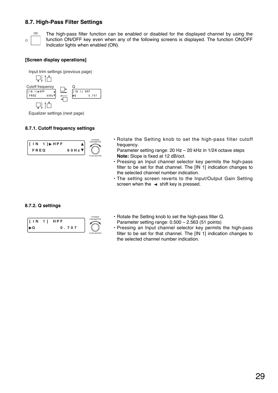 High-pass filter settings, Cutoff frequency settings | Toa D-901 User Manual | Page 29 / 96