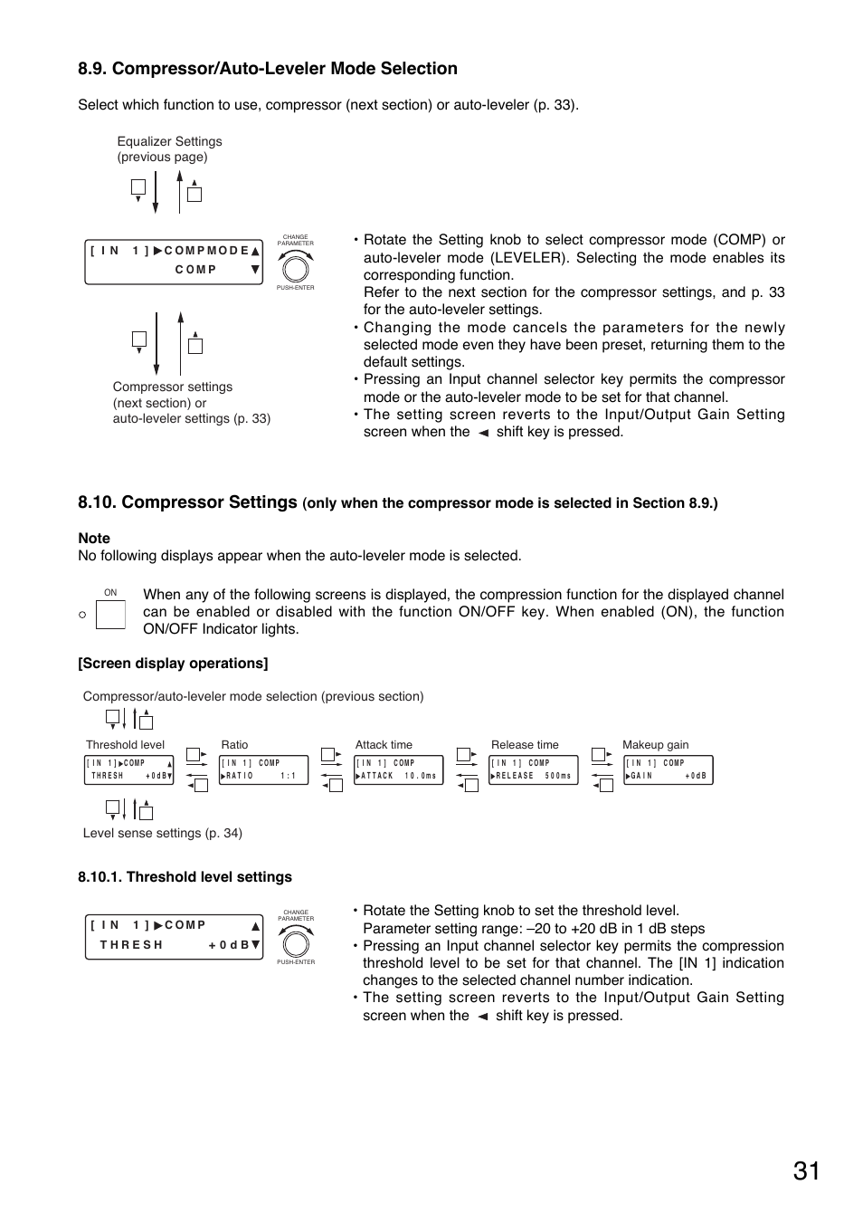 Compressor settings, Compressor/auto-leveler mode selection | Toa D-901 User Manual | Page 31 / 96