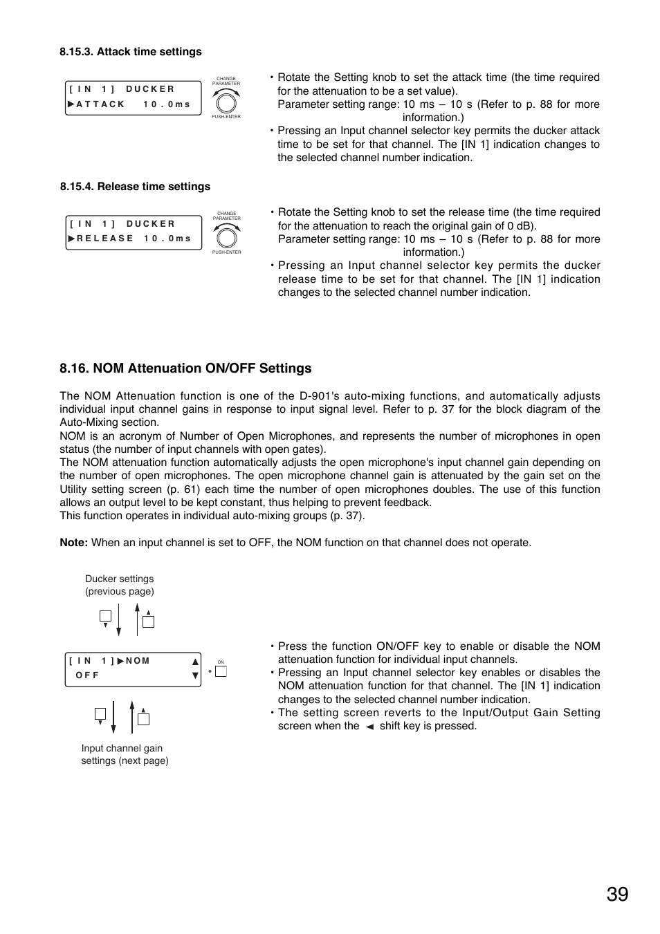 Nom attenuation on/off settings | Toa D-901 User Manual | Page 39 / 96