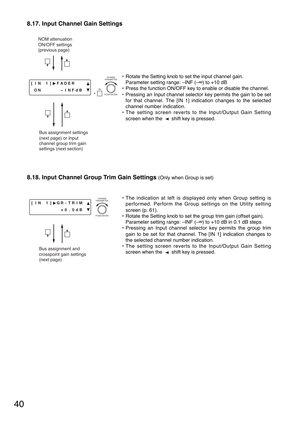 Input channel gain settings, Input channel group trim gain settings | Toa D-901 User Manual | Page 40 / 96