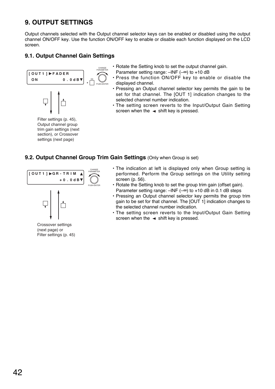 Output settings, Output channel gain settings, Output channel group trim gain settings | Toa D-901 User Manual | Page 42 / 96