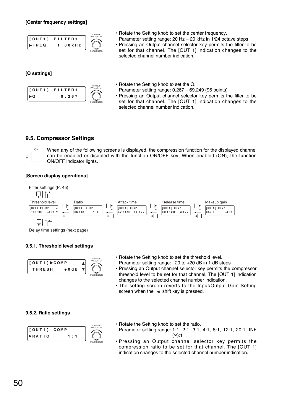 Compressor settings, Q settings, Threshold level settings | Toa D-901 User Manual | Page 50 / 96