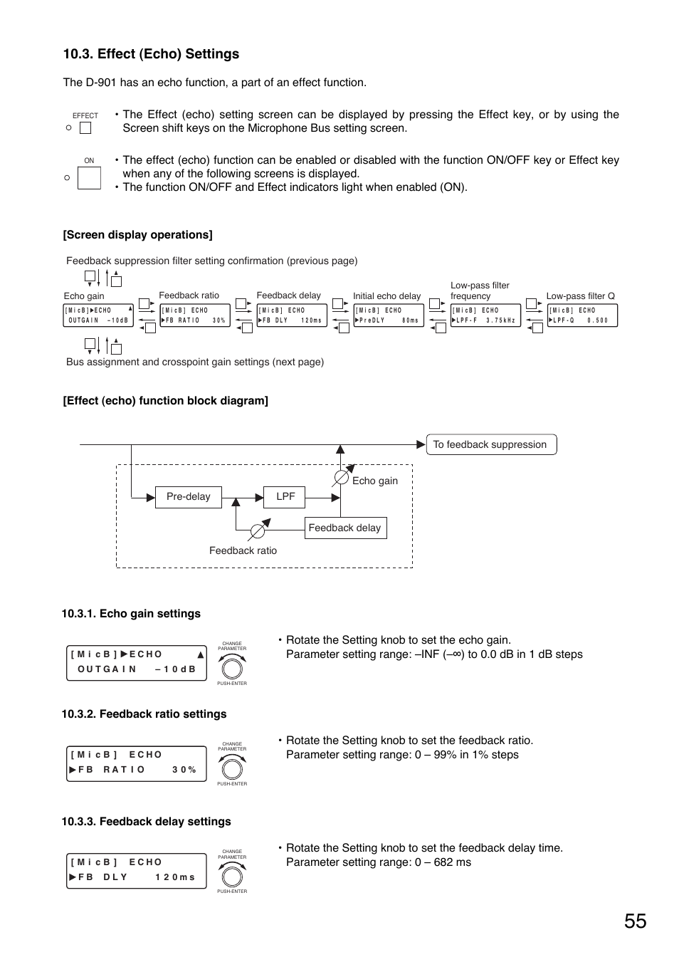 Effect (echo) settings, Echo gain settings, Screen display operations | Effect (echo) function block diagram | Toa D-901 User Manual | Page 55 / 96