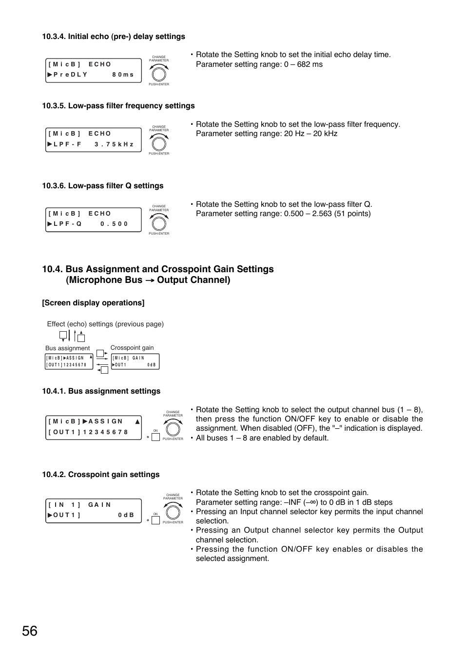 Low-pass filter frequency settings, Bus assignment settings | Toa D-901 User Manual | Page 56 / 96