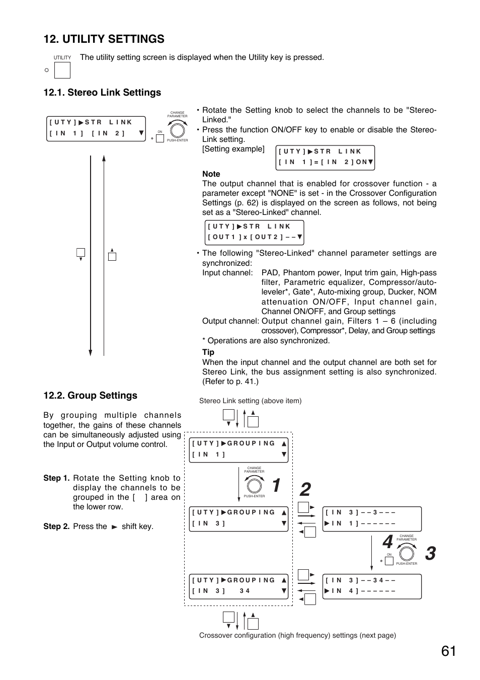 Utility settings, Stereo link settings, Group settings | Toa D-901 User Manual | Page 61 / 96
