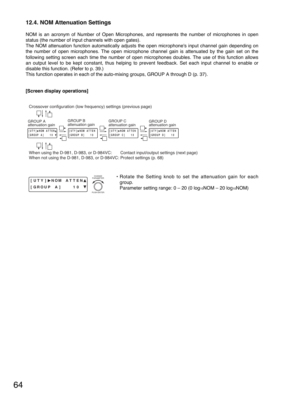 Nom attenuation settings, Nom – 20 log, Nom) | Screen display operations | Toa D-901 User Manual | Page 64 / 96