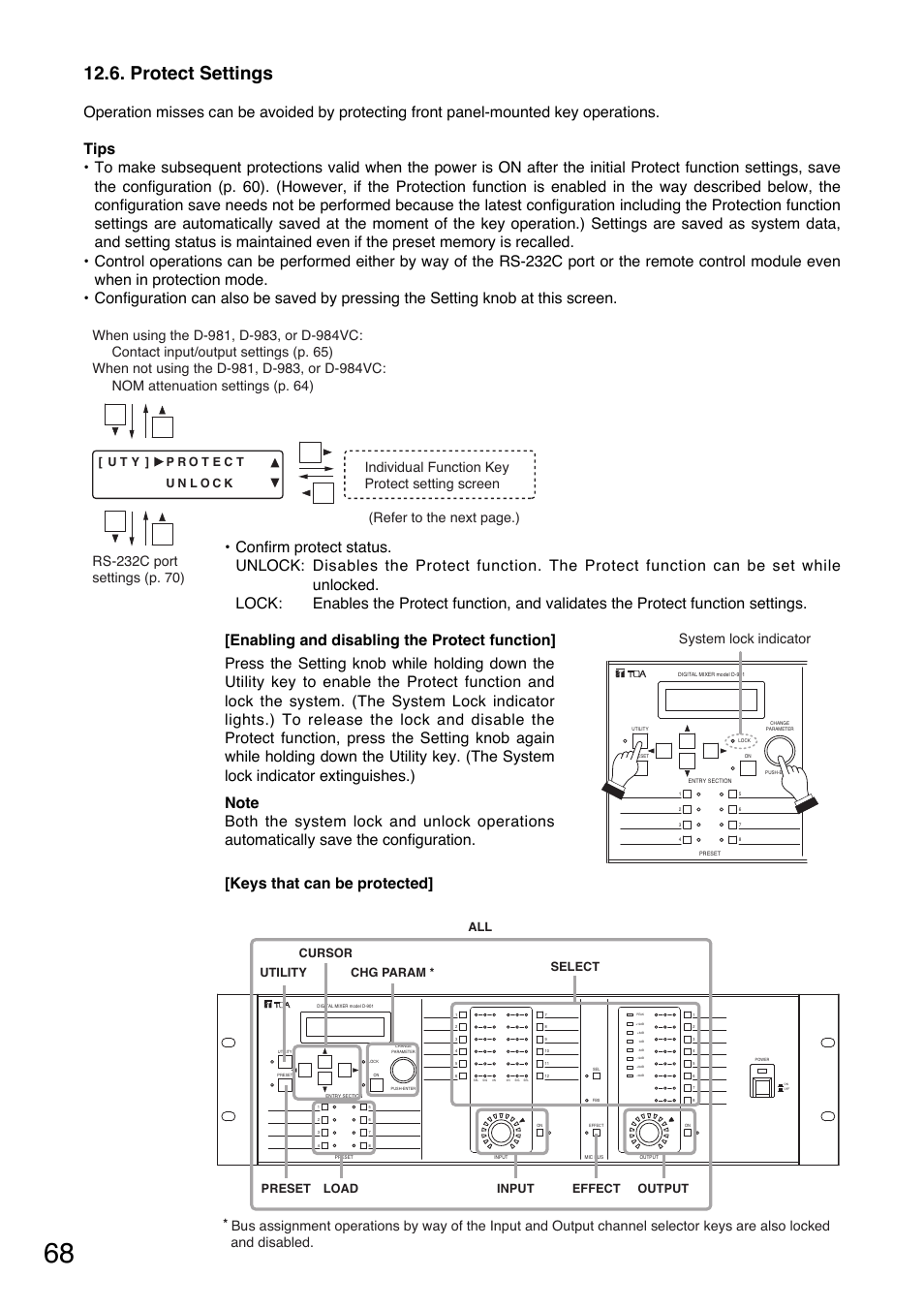 Protect settings, Keys that can be protected, System lock indicator | Toa D-901 User Manual | Page 68 / 96