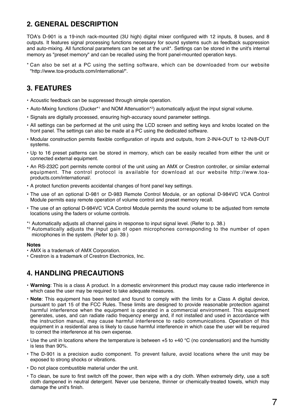 General description, Features, Handling precautions | Toa D-901 User Manual | Page 7 / 96