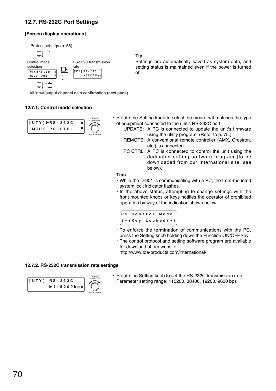 Rs-232c port settings | Toa D-901 User Manual | Page 70 / 96