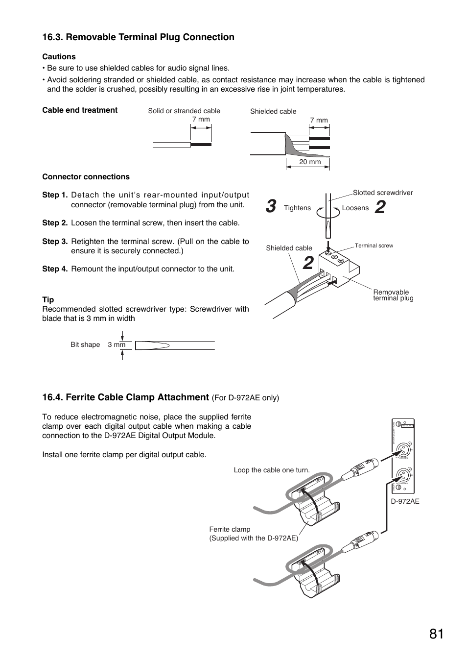 Removable terminal plug connection, Ferrite cable clamp attachment | Toa D-901 User Manual | Page 81 / 96