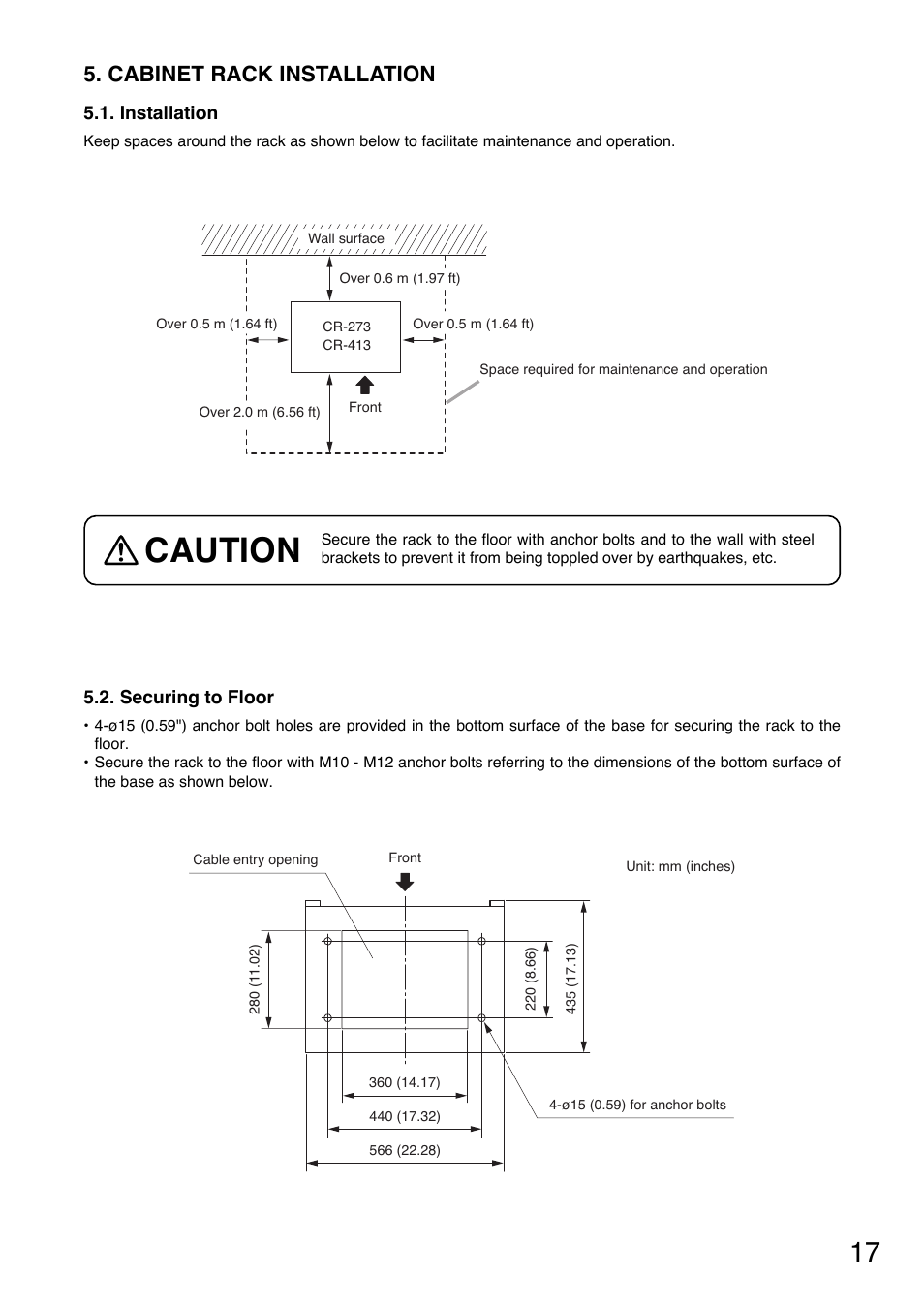 Caution, Cabinet rack installation | Toa CR-413 User Manual | Page 17 / 20