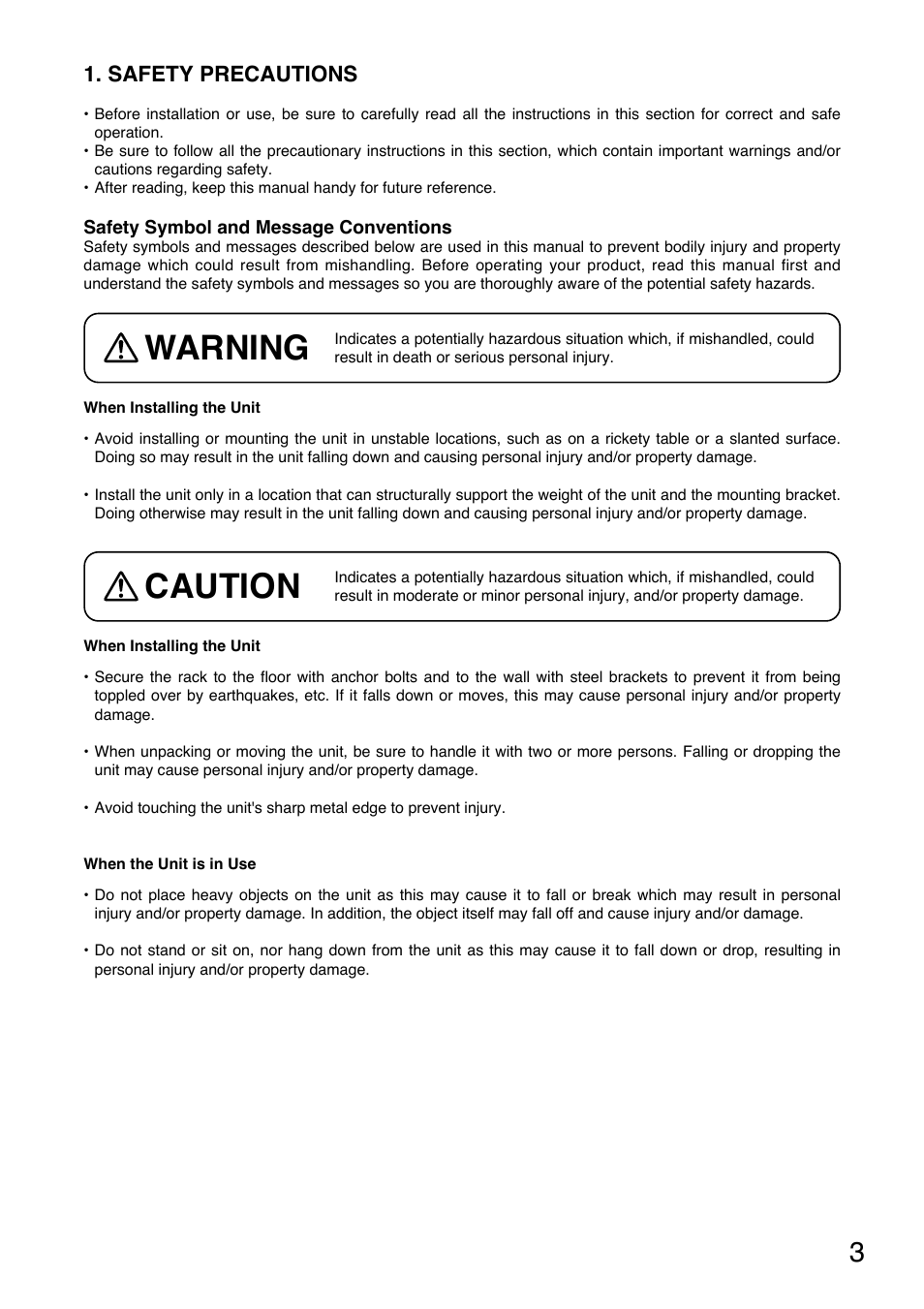 Warning, Caution, Safety precautions | Toa CR-413 User Manual | Page 3 / 20