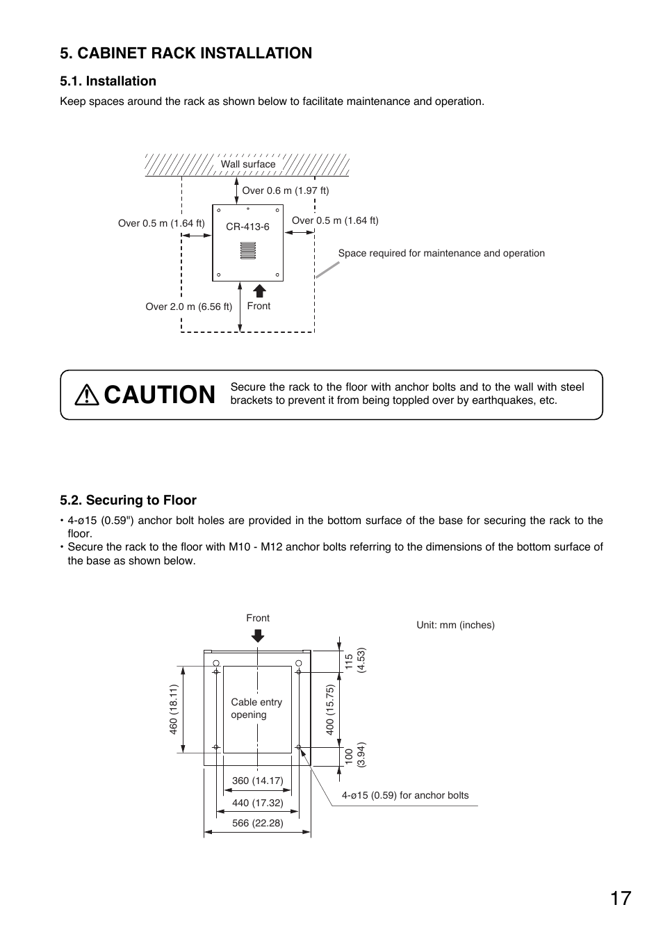 Caution, Cabinet rack installation | Toa CR-413-6 User Manual | Page 17 / 20