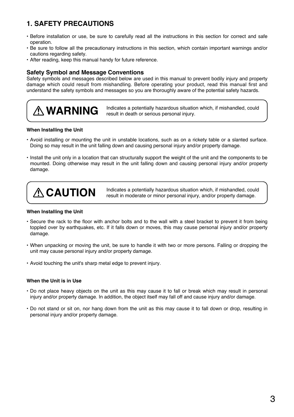 Warning, Caution, Safety precautions | Toa CR-413-6 User Manual | Page 3 / 20