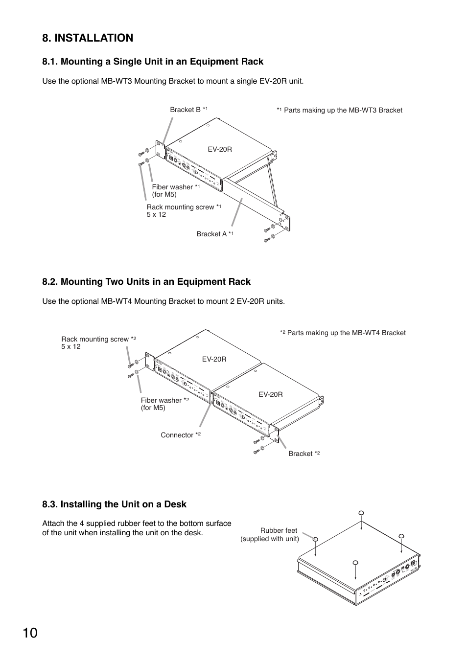 Installation, Mounting a single unit in an equipment rack, Mounting two units in an equipment rack | Installing the unit on a desk | Toa EV-20R User Manual | Page 10 / 20