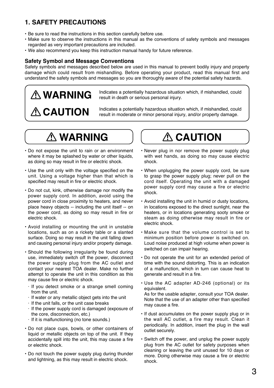 Caution, Warning caution warning, Safety precautions | Toa EV-20R User Manual | Page 3 / 20