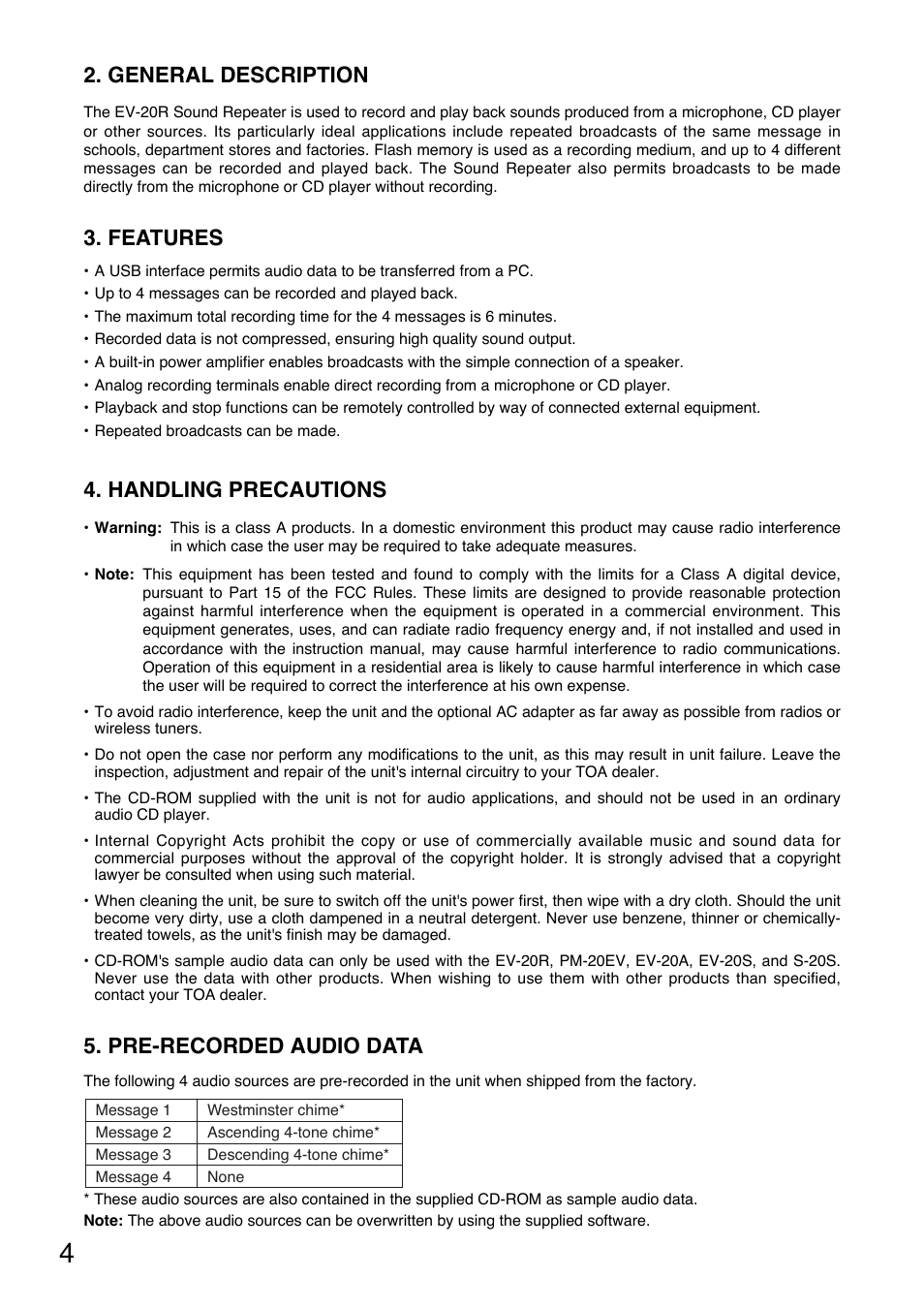 General description, Features, Handling precautions | Pre-recorded audio data | Toa EV-20R User Manual | Page 4 / 20