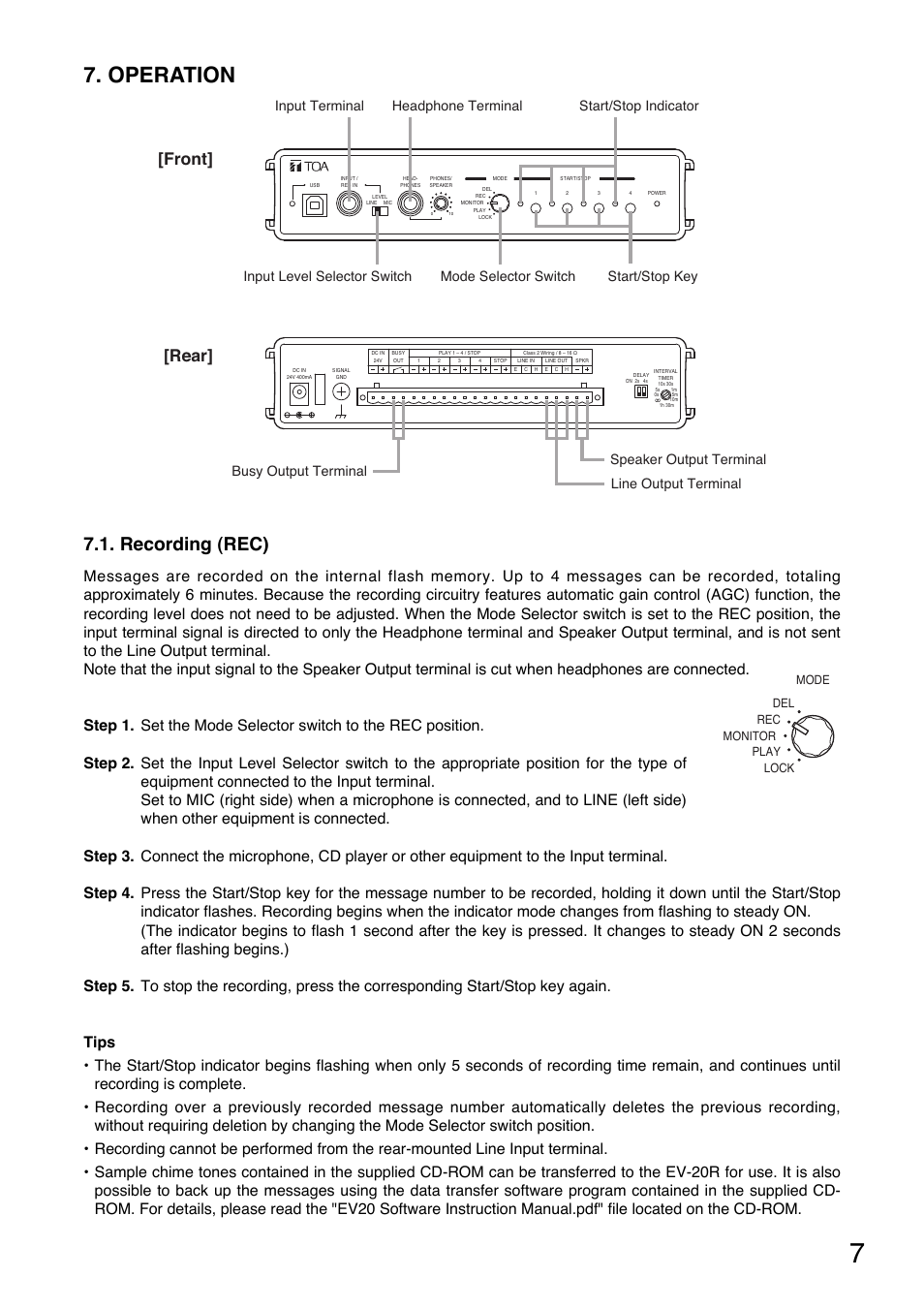 Operation, Recording (rec), Rear] [front | Toa EV-20R User Manual | Page 7 / 20