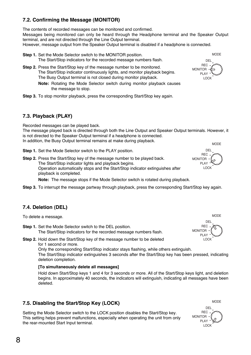 Confirming the message (monitor), Playback (play), Deletion (del) | Disabling the start/stop key (lock) | Toa EV-20R User Manual | Page 8 / 20