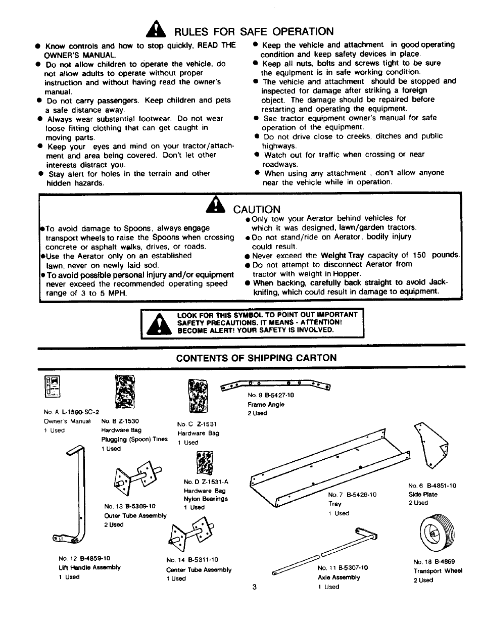 Rules for safe operation, Caution, Contents of shipping carton | Craftsman 757.243481 User Manual | Page 3 / 8