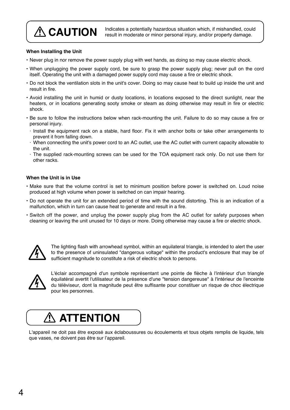 Caution, Attention | Toa MP-1216 User Manual | Page 4 / 8