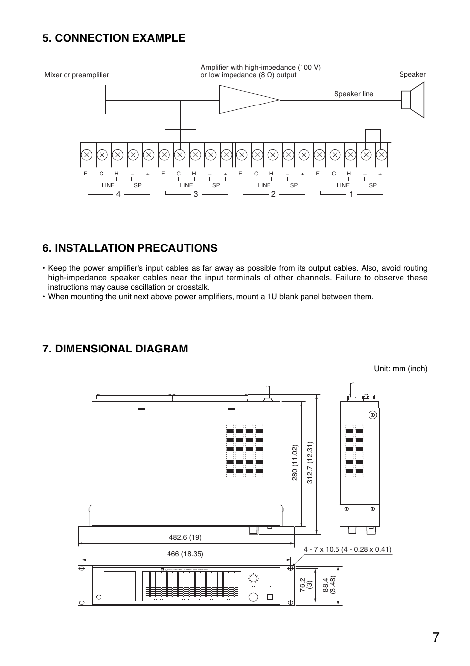 Connection example, Dimensional diagram, Installation precautions | Toa MP-1216 User Manual | Page 7 / 8