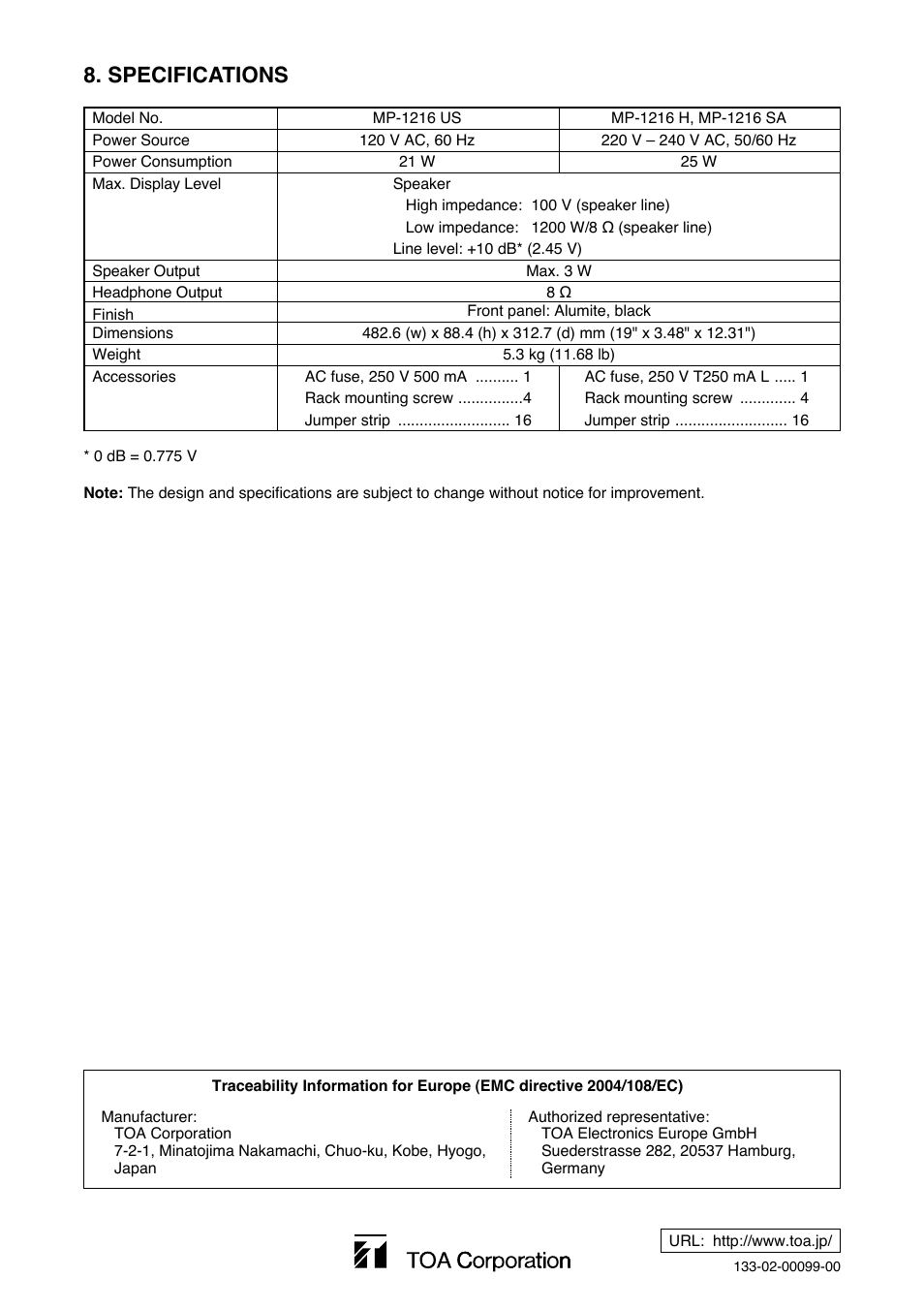 Specifications | Toa MP-1216 User Manual | Page 8 / 8