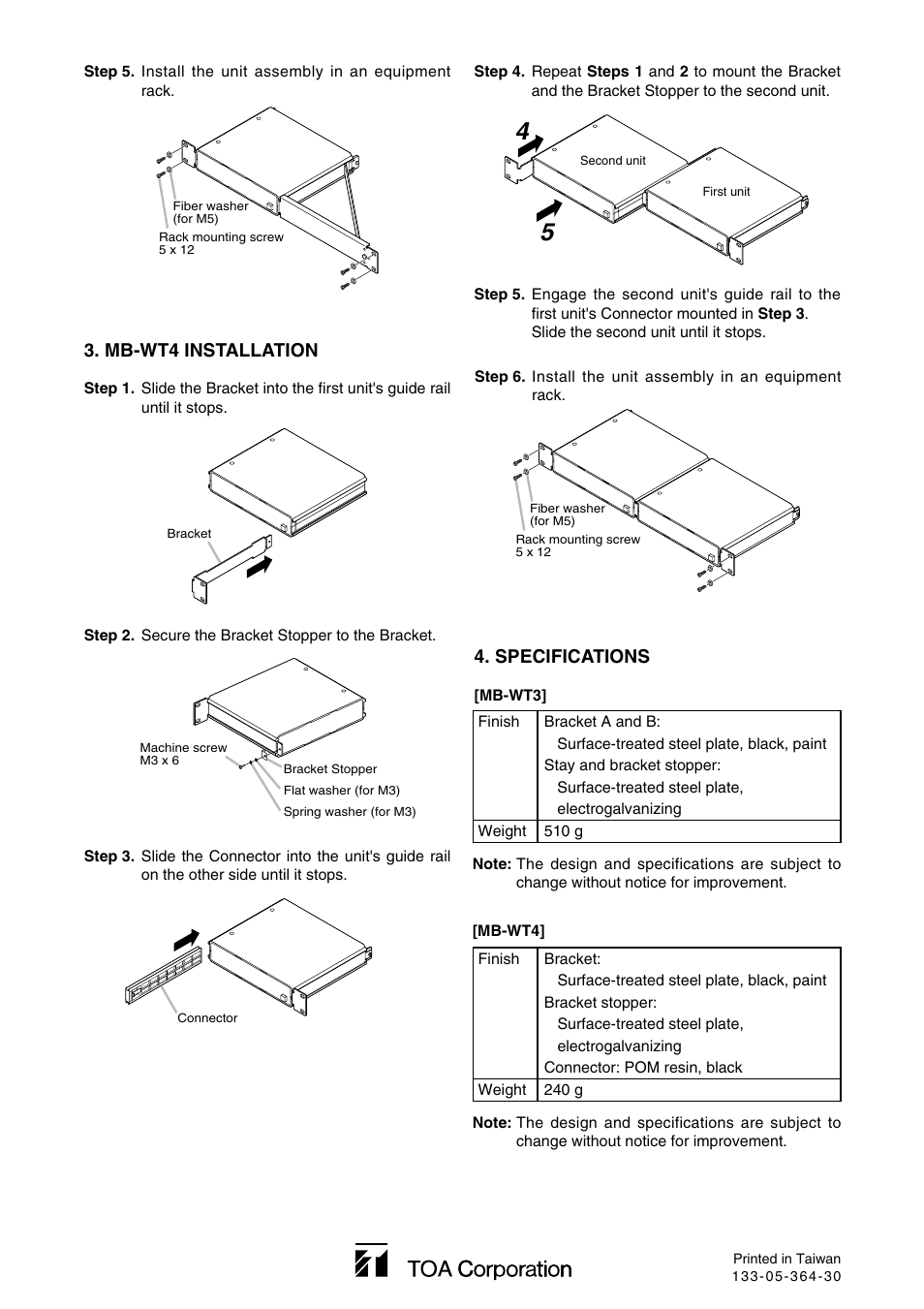 Mb-wt4 installation, Specifications | Toa MB-WT4 User Manual | Page 2 / 2