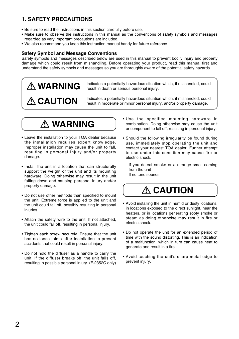Warning caution, Caution warning | Toa F-2352C User Manual | Page 2 / 12