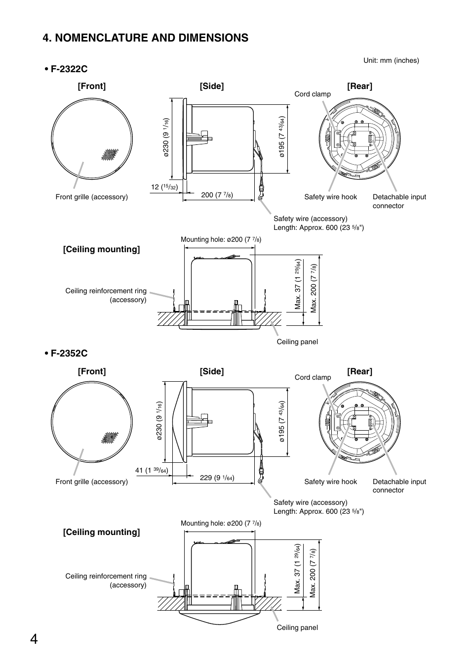 Nomenclature and dimensions, F-2352c, F-2322c | Side] [rear] [front | Toa F-2352C User Manual | Page 4 / 12