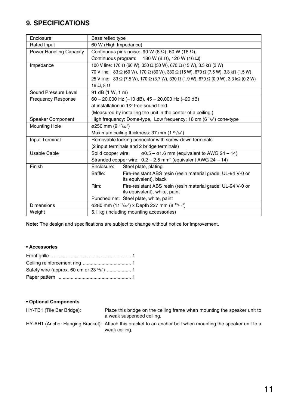 Specifications | Toa F-2852C User Manual | Page 11 / 12