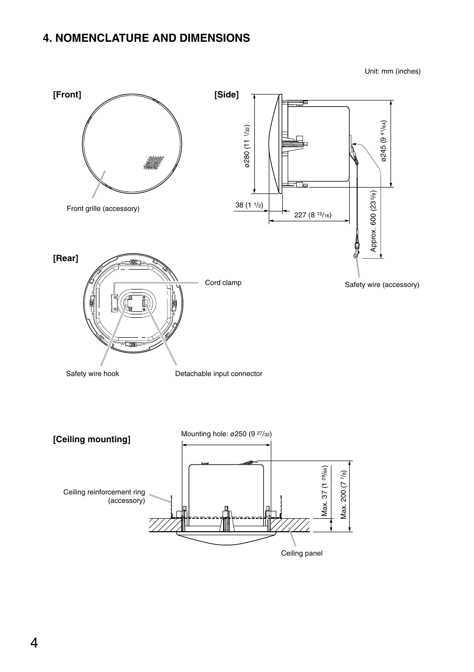 Nomenclature and dimensions, Front, Side | Rear] [ceiling mounting | Toa F-2852C User Manual | Page 4 / 12