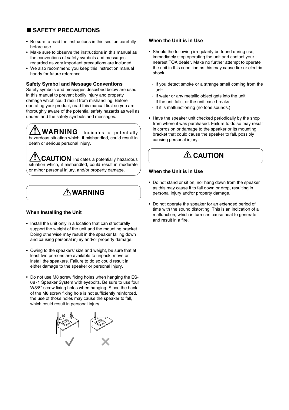 Warning, Caution, Warning caution | Safety precautions | Toa ES-0871 User Manual | Page 2 / 4