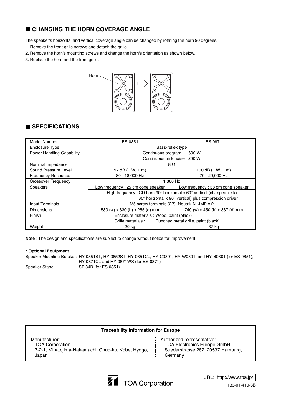 Changing the horn coverage angle, Specifications | Toa ES-0871 User Manual | Page 4 / 4